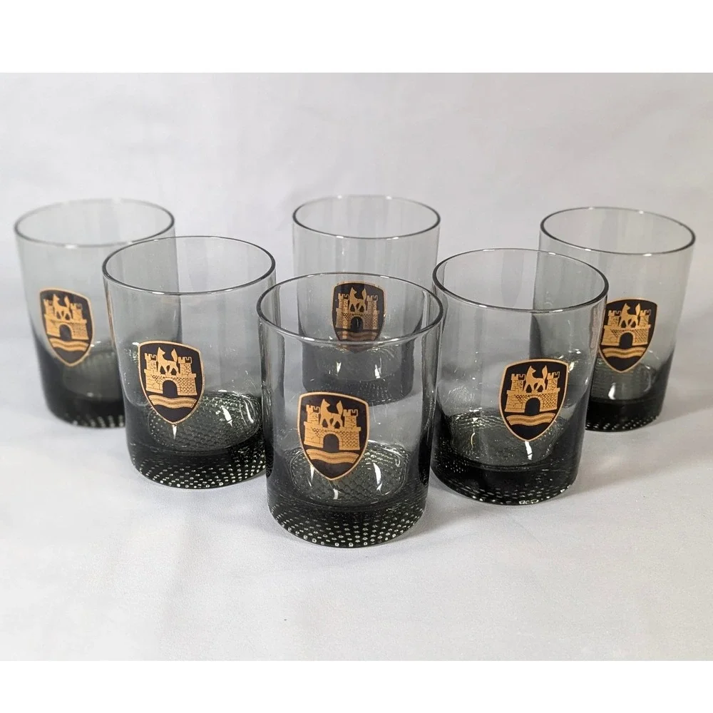 Vintage Smoky Gray Rocks Glasses Set of 6 Gold Heraldic Crest Hobnail Base 4in